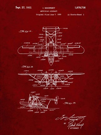 Framed Amphibian Aircraft Patent - Burgundy Print