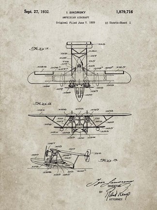 Framed Amphibian Aircraft Patent - Sandstone Print