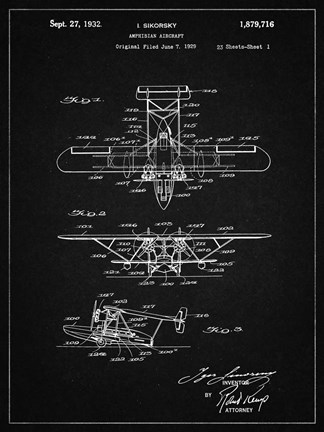 Framed Amphibian Aircraft Patent - Vintage Black Print