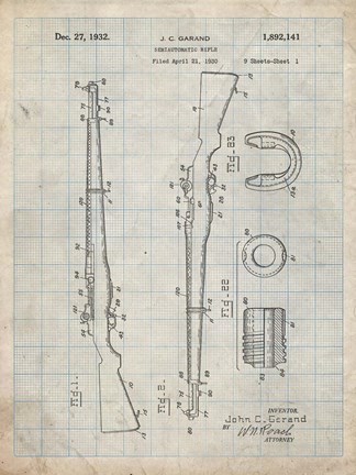 Framed Semi-Automatic Rifle Patent - Antique Grid Parchment Print