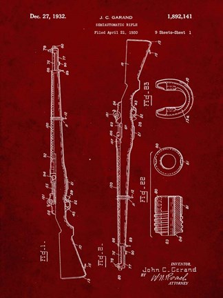 Framed Semi-Automatic Rifle Patent - Burgundy Print