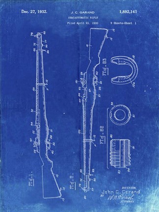 Framed Semi-Automatic Rifle Patent - Faded Blueprint Print