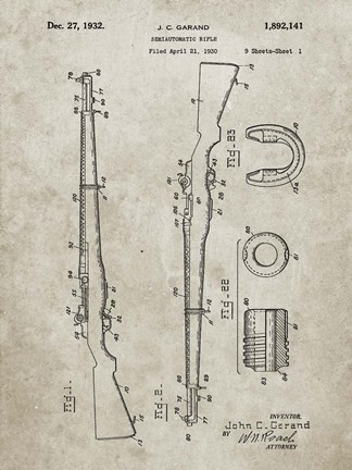 Framed Semi-Automatic Rifle Patent - Sandstone Print