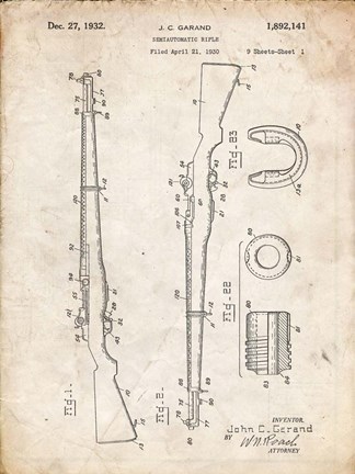 Framed Semi-Automatic Rifle Patent - Vintage Parchment Print