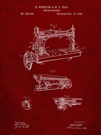 Framed Sewing Machine Patent - Burgundy Print