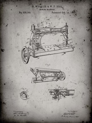 Framed Sewing Machine Patent - Faded Grey Print