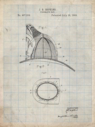 Framed Fireman&#39;s Hat Patent - Antique Grid Parchment Print