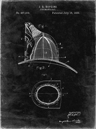 Framed Fireman&#39;s Hat Patent - Black Grunge Print