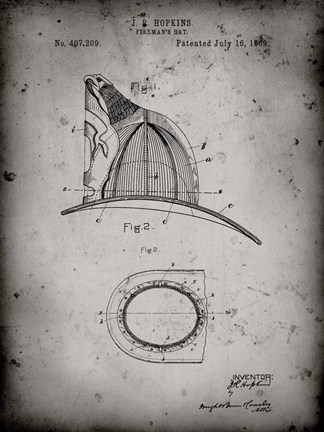 Framed Fireman&#39;s Hat Patent - Faded Grey Print