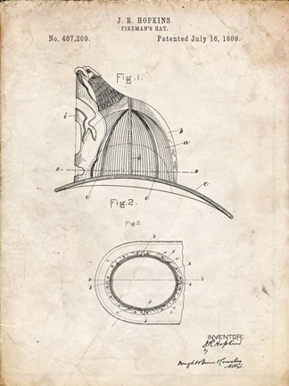 Framed Fireman&#39;s Hat Patent - Vintage Parchment Print