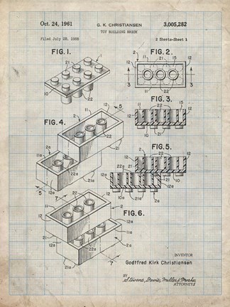 Framed Toy Building Brick Patent - Antique Grid parchment Print