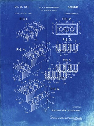 Framed Toy Building Brick Patent - Faded Blueprint Print