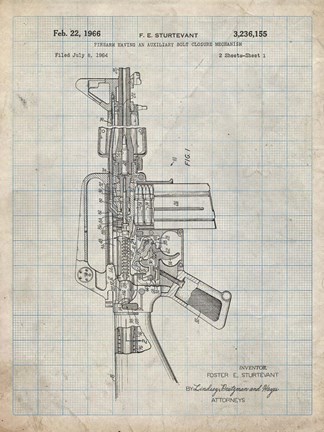 Framed Firearm With Auxiliary Bolt Closure Mechanism Patent - Antique Grid Parchment Print