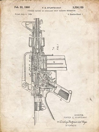 Framed Firearm With Auxiliary Bolt Closure Mechanism Patent - Vintage Parchment Print