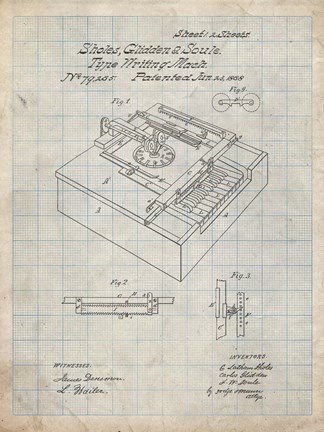 Framed Type Writing Machine Patent - Antique Grid Parchment Print
