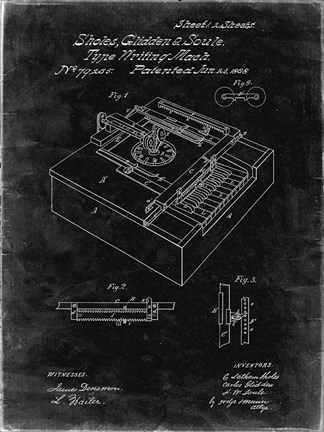 Framed Type Writing Machine Patent - Black Grunge Print