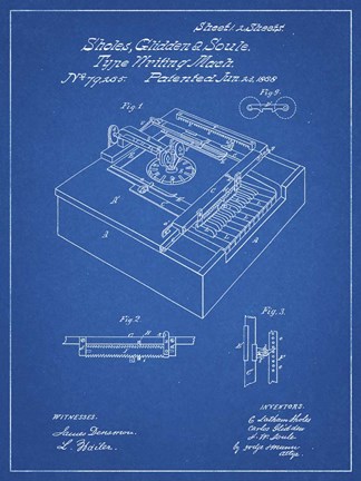 Framed Type Writing Machine Patent - Blueprint Print