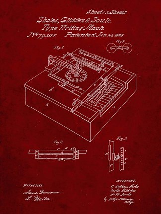 Framed Type Writing Machine Patent - Burgundy Print
