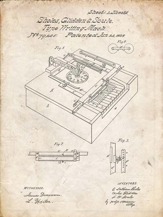Framed Type Writing Machine Patent - Vintage Parchment Print