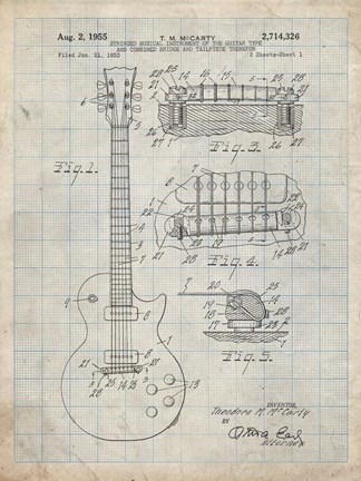 Framed Guitar &amp; Combined Bridge &amp; Tailpiece Therefor Patent - Antique Grid Parchment Print