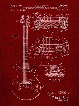 Framed Guitar &amp; Combined Bridge &amp; Tailpiece Therefor Patent - Burgundy Print