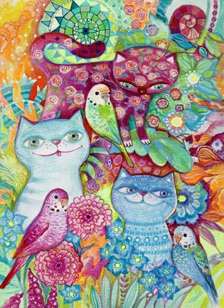 Framed 3 Cats + 3 Birds Print