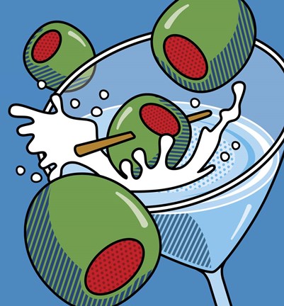 Framed Martini With Olives On Blue Print