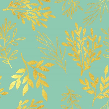 Framed Golden Leaves Pattern Aquamarine Print