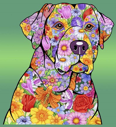 Framed Flowers Yellow Lab Print