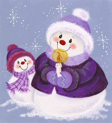 Framed Snowmen In Purple With Candle Print