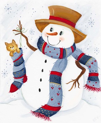 Framed Snowman With Cat In Stocking Print