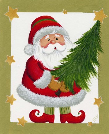 Framed Santa With Tree And Stars Print