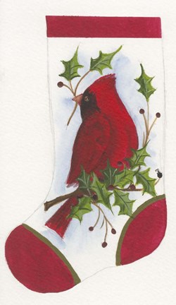 Framed Cardinal With Holly Stocking Print