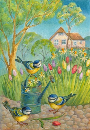Framed Birds by the Watering Can Print