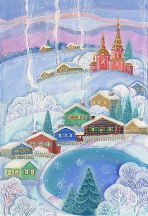 Framed Village in Winter Print