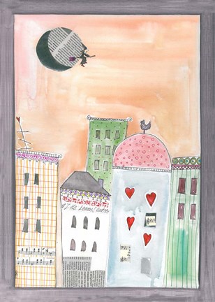 Framed Fantasy Cityscape With Flying Witch On Broom Print
