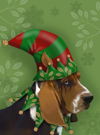Framed Basset Hound, Elf Hat Print