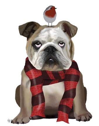 Framed English Bulldog, Scarf and Robin Print