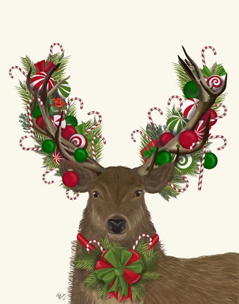 Framed Deer, Candy Cane Wreath Print