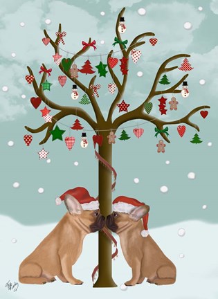 Framed French Bulldogs and Christmas Tree Print