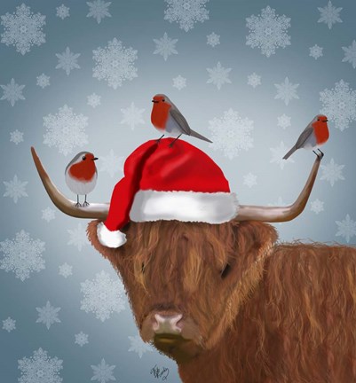 Framed Highland Cow and Robins Print