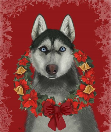 Framed Husky and Poinsettia Wreath Print