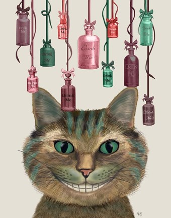 Framed Cheshire Cat and Bottles Print