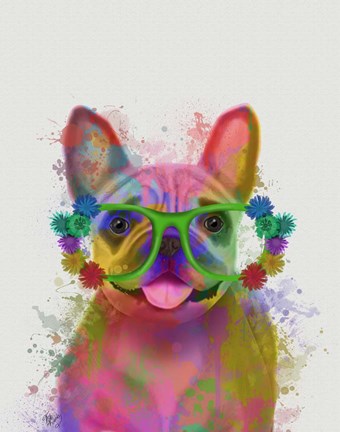 Framed Rainbow Splash French Bulldog, Portrait Print