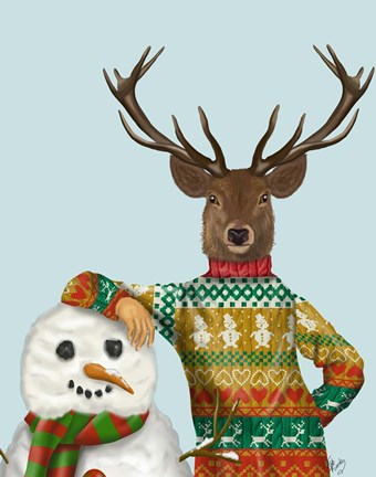 Framed Deer in Christmas Sweater with Snowman Print