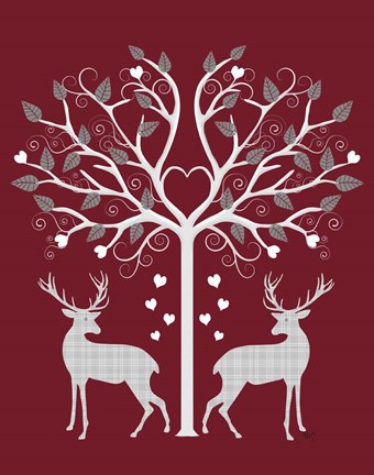 Framed Christmas Des - Deer and Heart Tree, Grey on Red Print