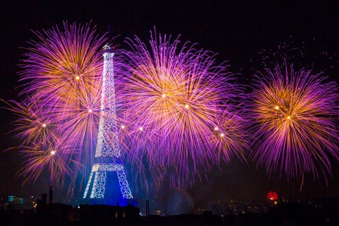 Framed Fireworks At The Eiffel Tower For The 14 July Celebration Print
