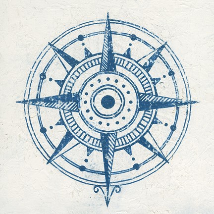 Framed Indigo Gild Compass Rose I Print
