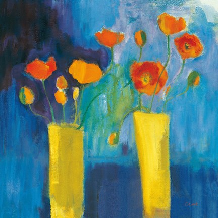 Framed Cadmium Orange Poppies on Blue v2 Print