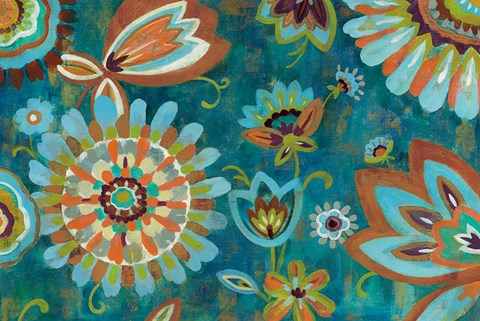 Framed Decorative Peacock Floral Mustard and Eggplant Print